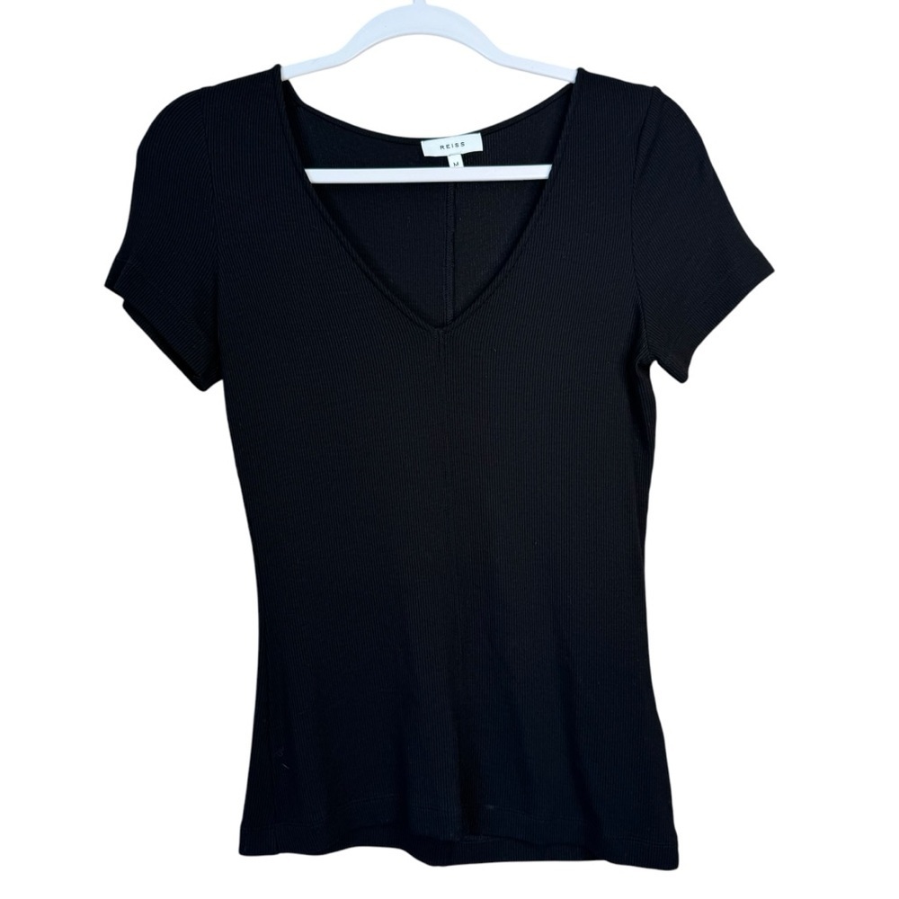 REISS Maggie Shirt Women’s M Maggie Short Sleeve V Neck Ribbed Black Top